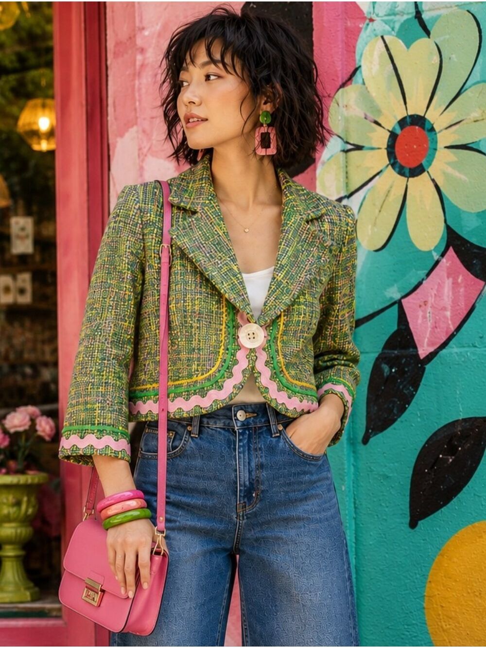 RARE VINTAGE IVY JANE 100% SILK TWEED CROPPED BOHO JACKET ART TO WEAR SIZE SMALL